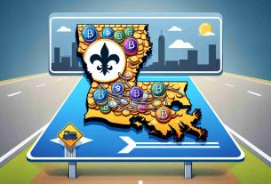 Generate a high-definition, realistic image depicting the metaphorical journey of Louisiana becoming crypto-friendly. This can include elements like a road sign leading to Louisiana with symbols of digital currencies, a map of Louisiana with landmarks marked in the shape of different cryptocurrency logos, or Louisiana's state symbol intertwined with symbols of cryptocurrency.