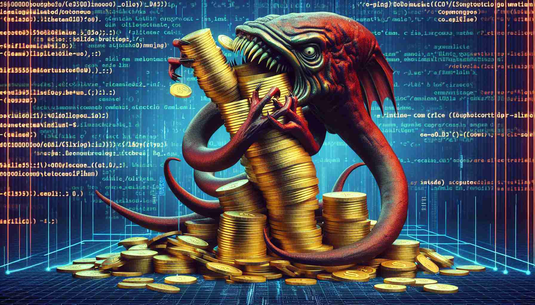 A highly detailed and realistic image of a metaphorical kraken grappling with a large pile of coins, symbolizing a multi-million dollar breach. This struggle is placed against the background of a malfunctioning computer code or a digital glitch to represent an inside technical error.