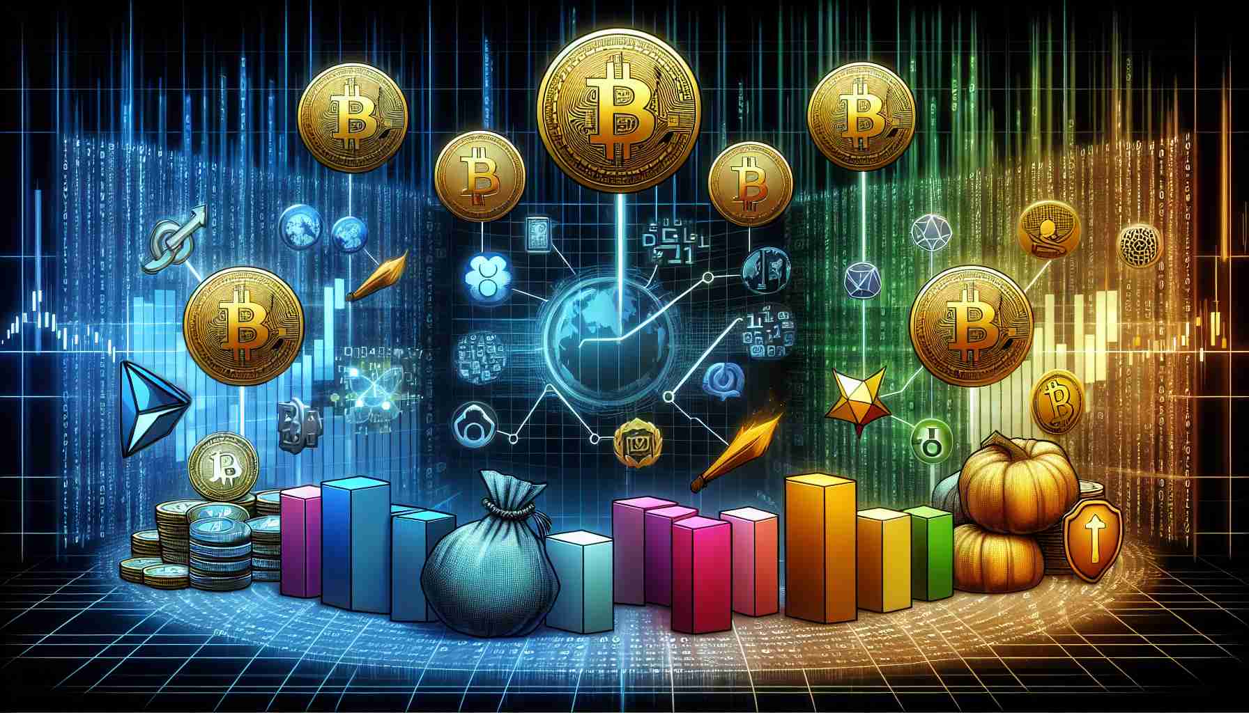 Create a realistic, high-definition image showing the dynamics and background workings of pop culture cryptocurrencies. Display various elements such as variously-colored bitcoins, graphs showing their rise and fall, and pop-culture symbols being used as icons for these digital currencies. Please place these elements on a backdrop of a digital cyberspace with binary codes flowing in the background, signifying the technological and digital nature of these crypto currencies.