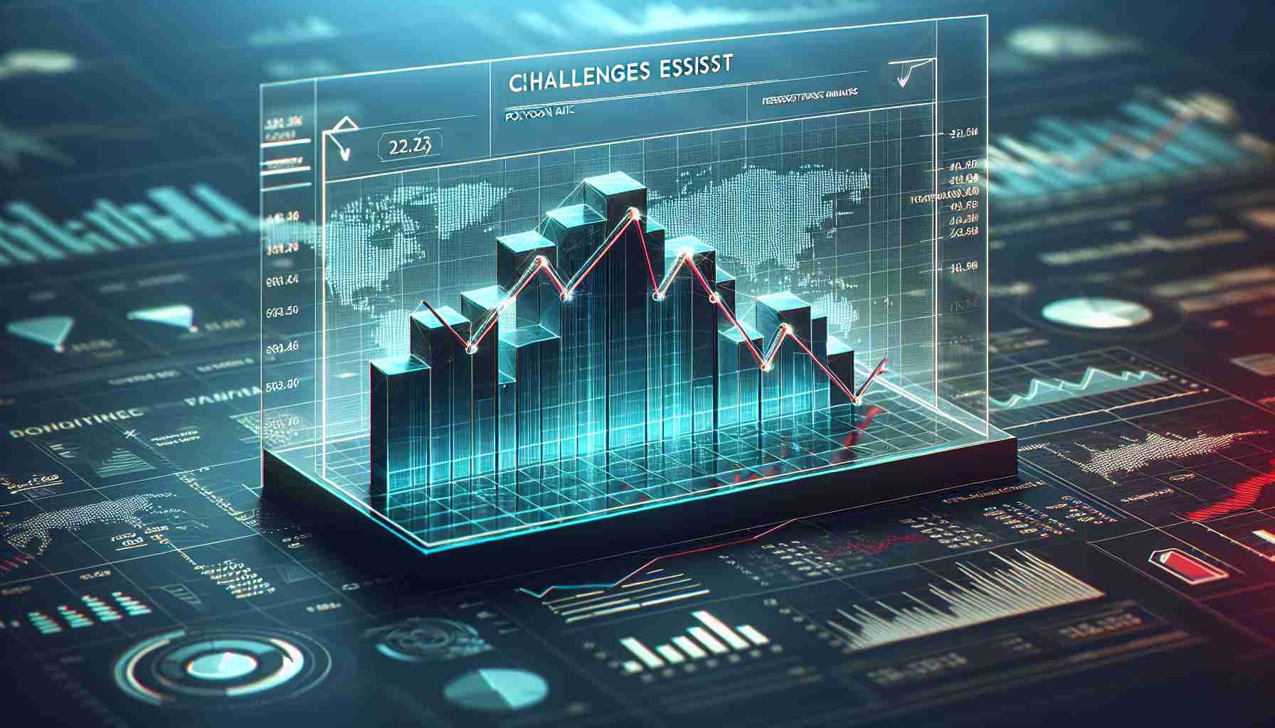 HD image realistically illustrating a declining graph, representing a downward price movement. The graph is labeled with 'Polygon's MATIC', reflecting its association. A prominent word 'Challenges Persist' float above the graph symbolizing the persisting challenges. The background is sophisticated and business-like, filled with minor details like small numeric data, minor charts, and trending arrows.