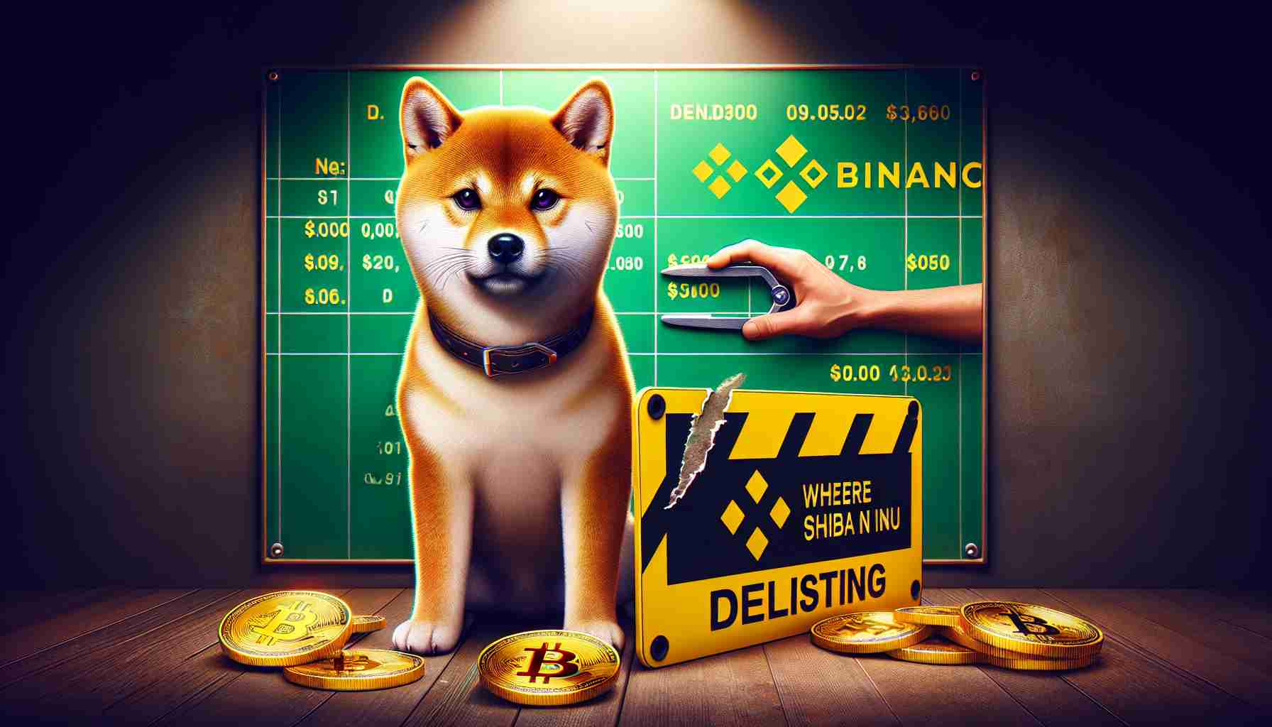 Create a high-definition, realistic image portraying the status of the Shiba Inu cryptocurrency on Binance. Include a delisting sign over one trading pair, indicating it's the only one that has been removed.