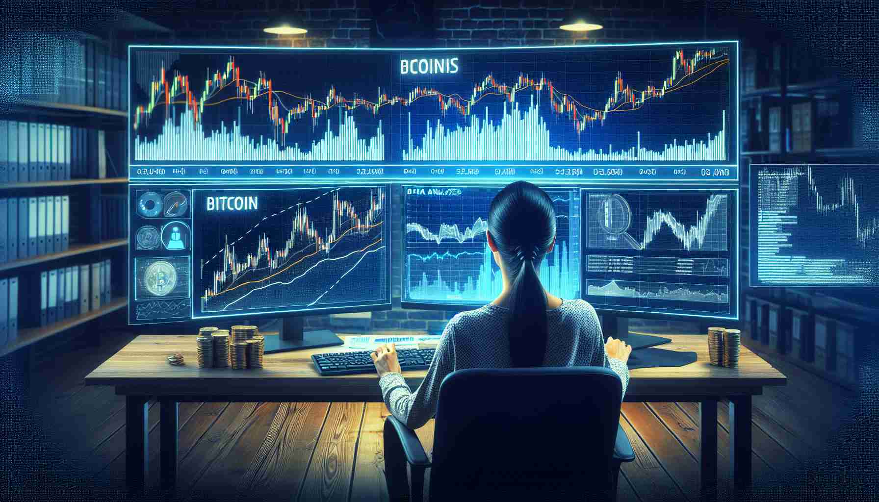 A detailed image in high definition showcasing a market analyst, of Hispanic descent and female gender, studying historical consolidation patterns of Bitcoin. She uses advanced graph analysis charting tools on multiple computer screens set up on her desk. Illuminated lines, bars and indicator analyzes on the screens illustrate the surge in Bitcoin's price. Data points and financial predictions are marked on the graph. Everything in the room suggests a focused and professional atmosphere.