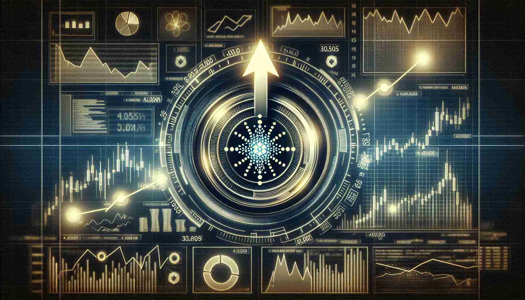 An intricately detailed high-definition image showing the concept of increased value in Cardano, a digital currency with focus on privacy and decentralization. This is symbolized by an upwards-pointing arrow, surrounded by sophisticated visual representations of various market indicators and financial charts. The image creates an overall feeling of positive financial growth and potential profit.