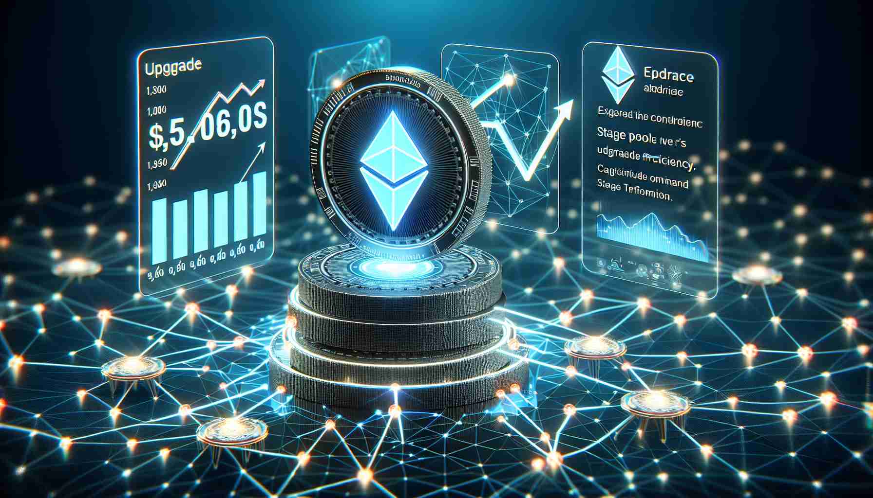 A realistic high-definition image illustrating the concept of the latest upgrade in a blockchain system such as Cardano, focusing on the boost in stake pool efficiency. Picture could include elements like digital screens displaying the growth in efficiency, 3D network nodes symbolising the stake pools, and glowing lines connecting the nodes representing the improved data transmission. Also, incorporate numeric or graphical expressions to symbolise the metrics of upgraded efficiency.