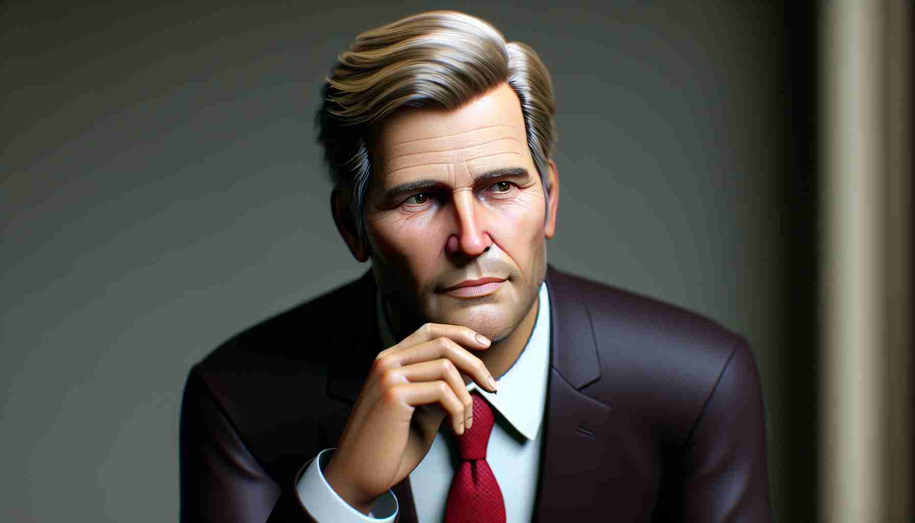 Realistic HD photo of a prominent politician shifting stance on cryptocurrency with a thoughtful expression, possibly considering engagement in a Bitcoin Conference. This person is a mature Caucasian male, with a distinctive hairstyle featuring combed-back light blonde hair, wearing a business suit with a red tie.