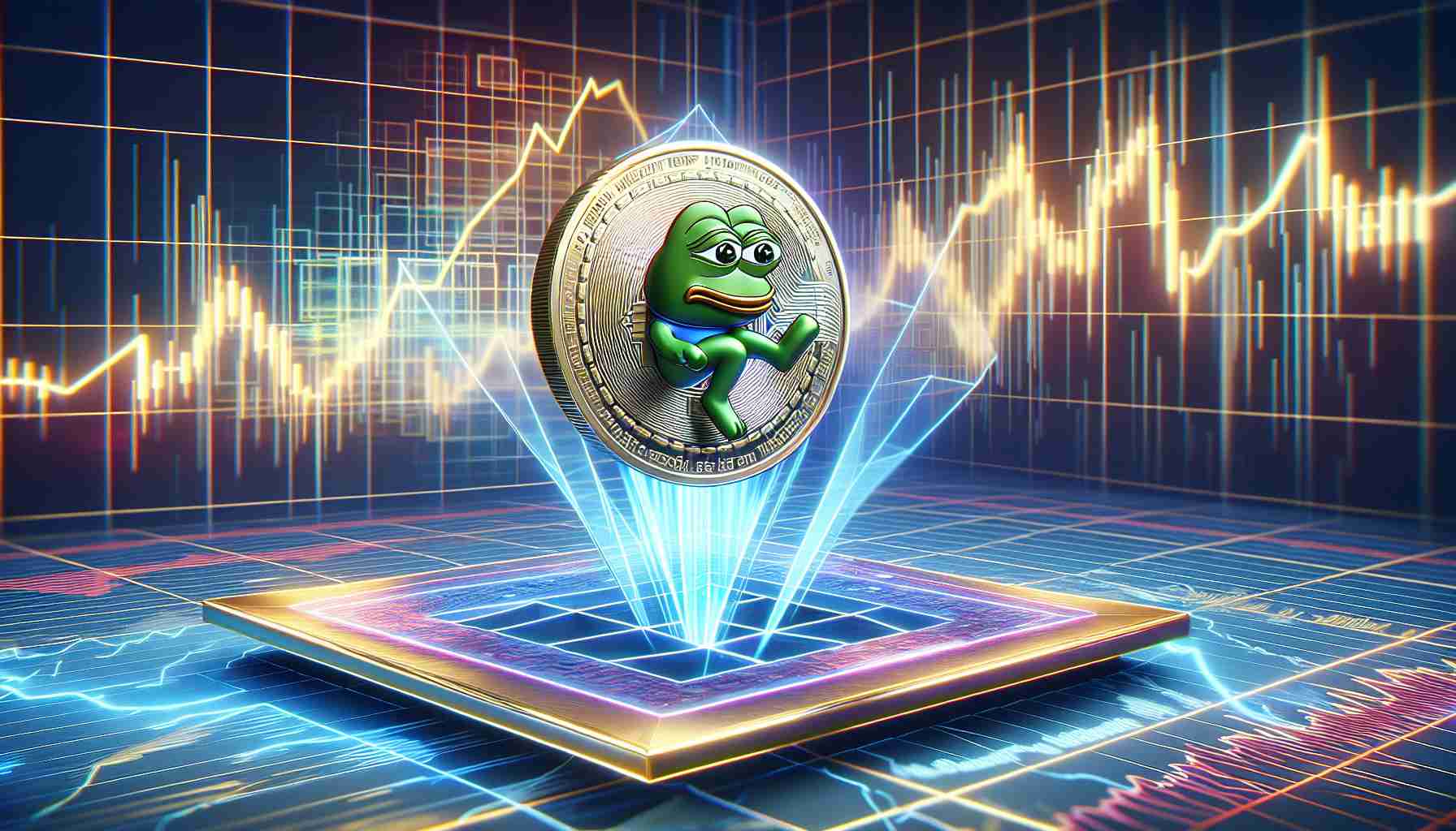 A detailed realistic high-definition picture depicting a fictional cryptocurrency, named as Pepe Coin, being modeled as a physical coin bouncing back or rebounding on a geometric surface. On the background, is a dynamically fluctuating graph indicating volatile market conditions. Make sure to represent the sense of optimism and uncertainty this situation generally conveys.