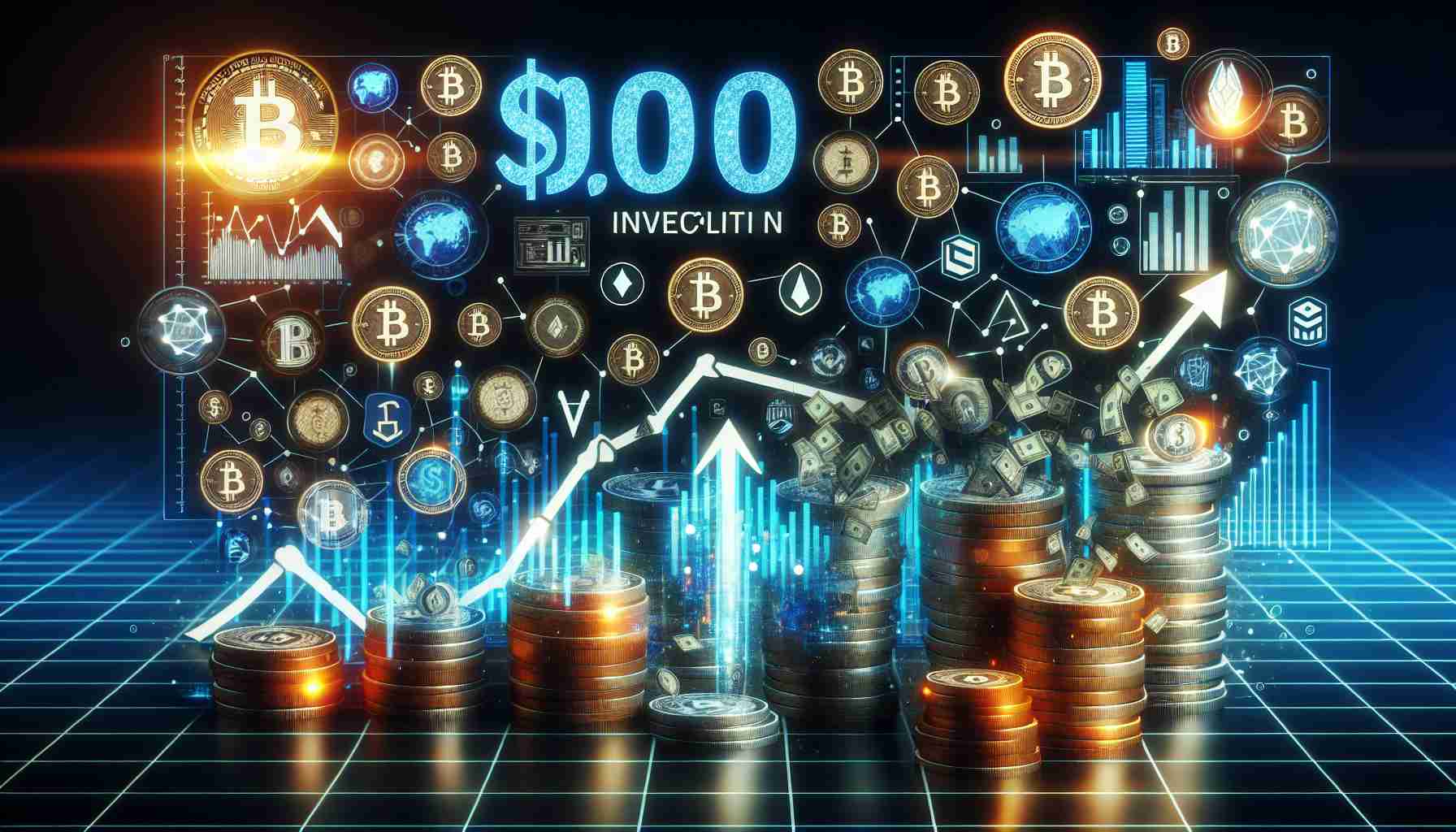 An ultra high-resolution image showing a representation of over $100 billion invested in cryptocurrency startups, indicating the industry growth. The image can include various cryptocurrency symbols, graphs showing an upward trend, startup logos, and stacks of digital coins signifying the large investment.