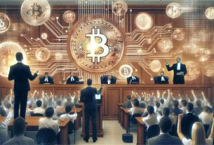 Detailed and high-quality image of a confidential court case concluding, with digital currency enthusiasts rallying behind the defendant. The visualization could include a courtroom setting, lawyers presenting their arguments, blended with abstract elements of cryptocurrency like coins, blockchain patterns, and enthusiastic crowd showing support.