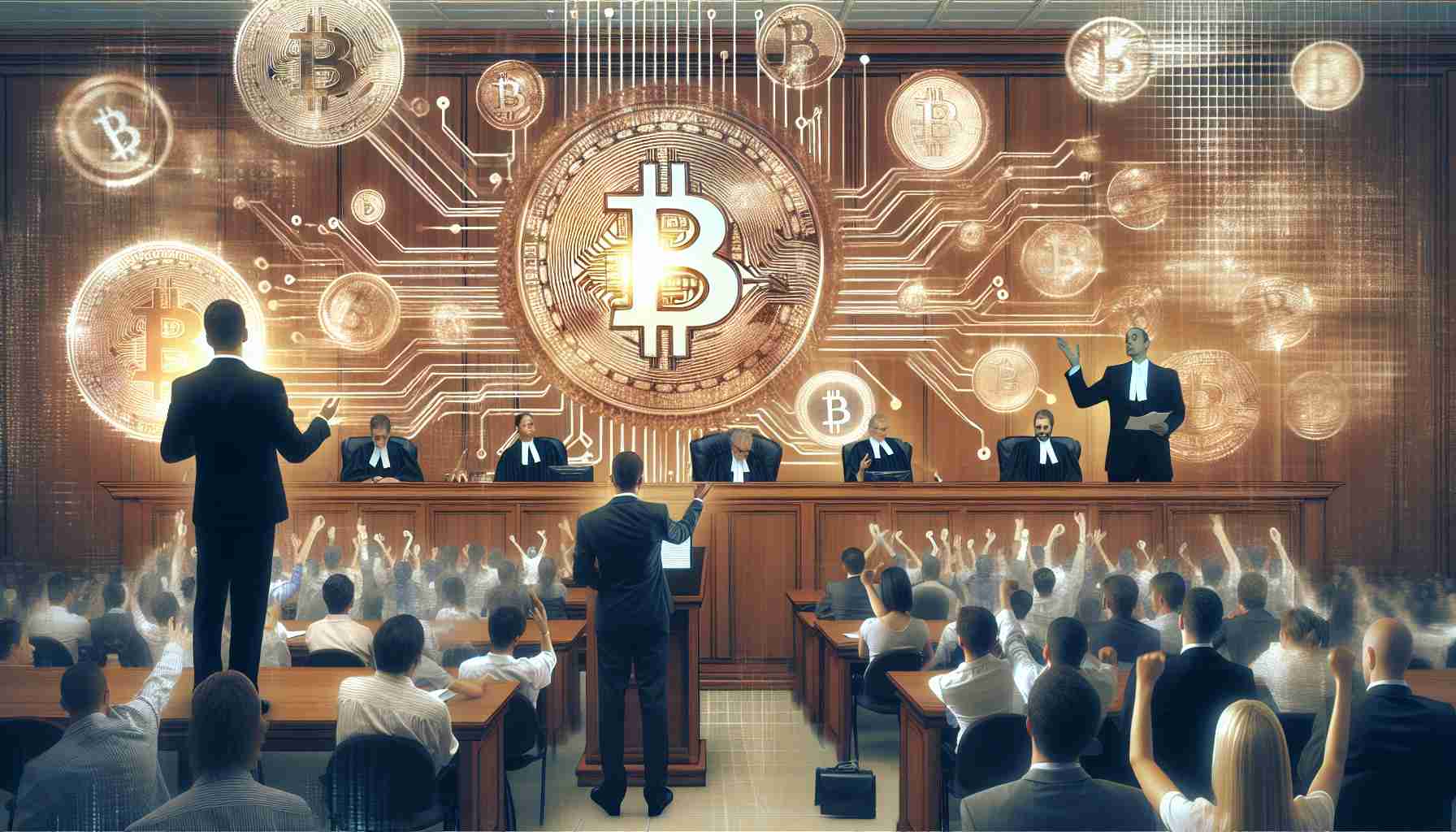 Detailed and high-quality image of a confidential court case concluding, with digital currency enthusiasts rallying behind the defendant. The visualization could include a courtroom setting, lawyers presenting their arguments, blended with abstract elements of cryptocurrency like coins, blockchain patterns, and enthusiastic crowd showing support.