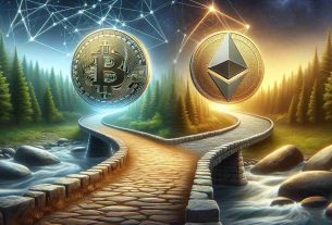 An ultra high-definition, realistic illustration representing the dynamic nature of cryptocurrency. Include symbolic representations of Bitcoin and Ethereum taking separate paths. For Bitcoin, use the imagery of a golden coin crossing a sturdy stone bridge over a calm river, reflecting its stability in the market. For Ethereum, illustrate a silver coin navigating through an untoched forest path, showing its potential for growth and innovation.