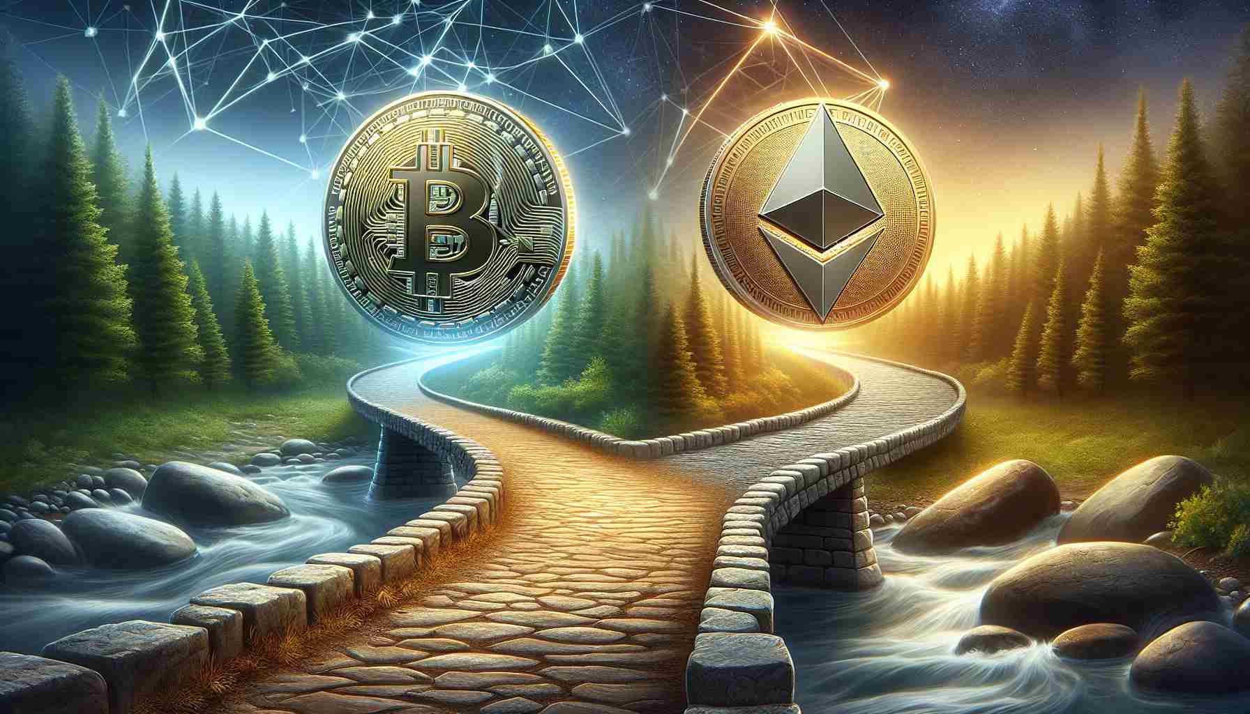 An ultra high-definition, realistic illustration representing the dynamic nature of cryptocurrency. Include symbolic representations of Bitcoin and Ethereum taking separate paths. For Bitcoin, use the imagery of a golden coin crossing a sturdy stone bridge over a calm river, reflecting its stability in the market. For Ethereum, illustrate a silver coin navigating through an untoched forest path, showing its potential for growth and innovation.