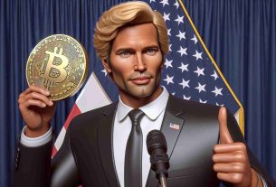 A high-definition, realistic illustration of a public figure who holds a significant political role, similar to a former president, advocating for Bitcoin, the digital cryptocurrency, to be manufactured in the United States. He has blond hair, a tanned complexion, and is suited formally for the occasion. He holds a Bitcoin prop in his hand to further elaborate his point.