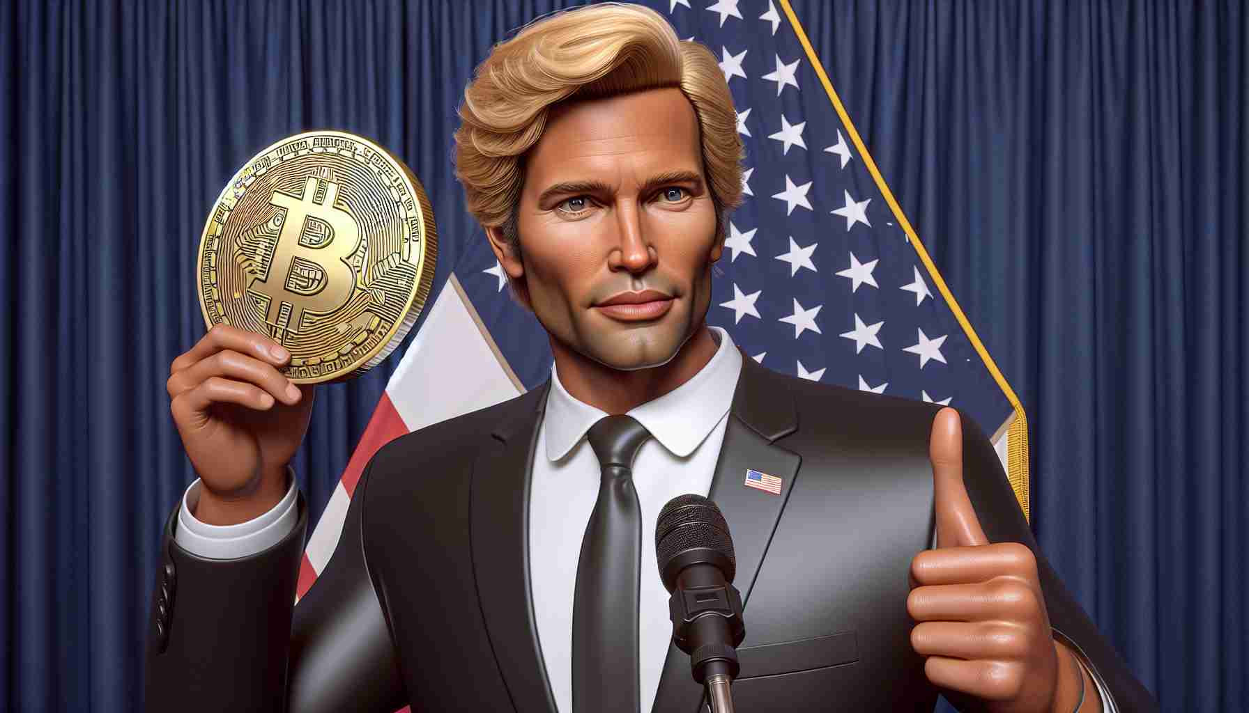 A high-definition, realistic illustration of a public figure who holds a significant political role, similar to a former president, advocating for Bitcoin, the digital cryptocurrency, to be manufactured in the United States. He has blond hair, a tanned complexion, and is suited formally for the occasion. He holds a Bitcoin prop in his hand to further elaborate his point.