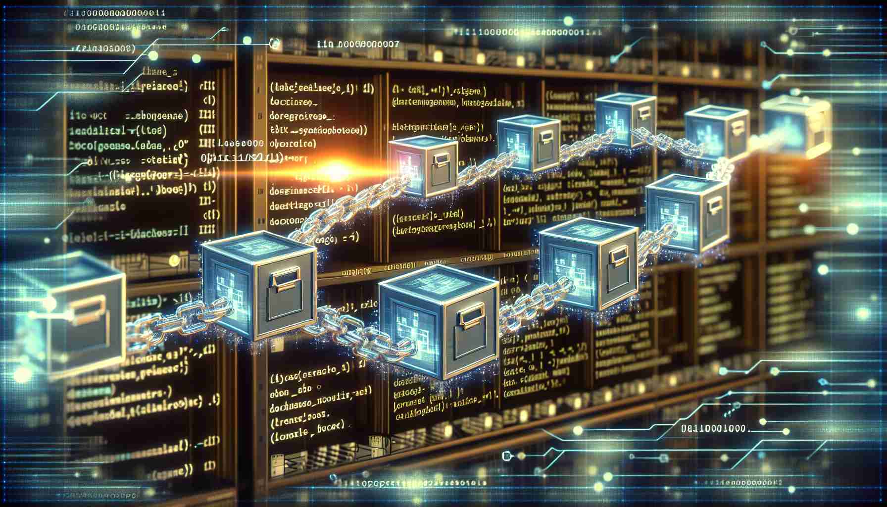 Generate a high-definition realistic image representing the essential role of archive nodes in blockchain technology. The image could portray a chain of blocks where some blocks manifest as archive boxes indicating their importance. It could include lines of code displayed on computer screens and complex cryptographic symbols to represent technological aspects. In the context, it is envisaged that blockchain technology is used for secure data transaction, with archive nodes depicted as key elements of the entire infrastructure.