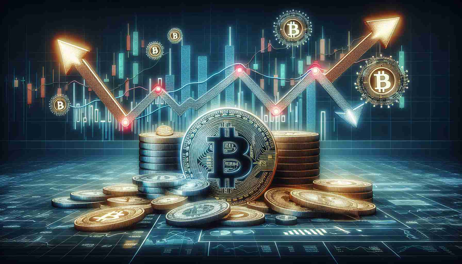 Create a high-definition, realistic representation of the concept of weekend trading volume for Bitcoin hitting a low point, being influenced by the launch of Exchange-Traded Funds (ETFs). This could be depicted through a series of charts and graphs denoting the trading volumes and ETF launches, alongside symbolic elements such as a downtrending arrow for the Bitcoin trading volume and the logo of an ETF.