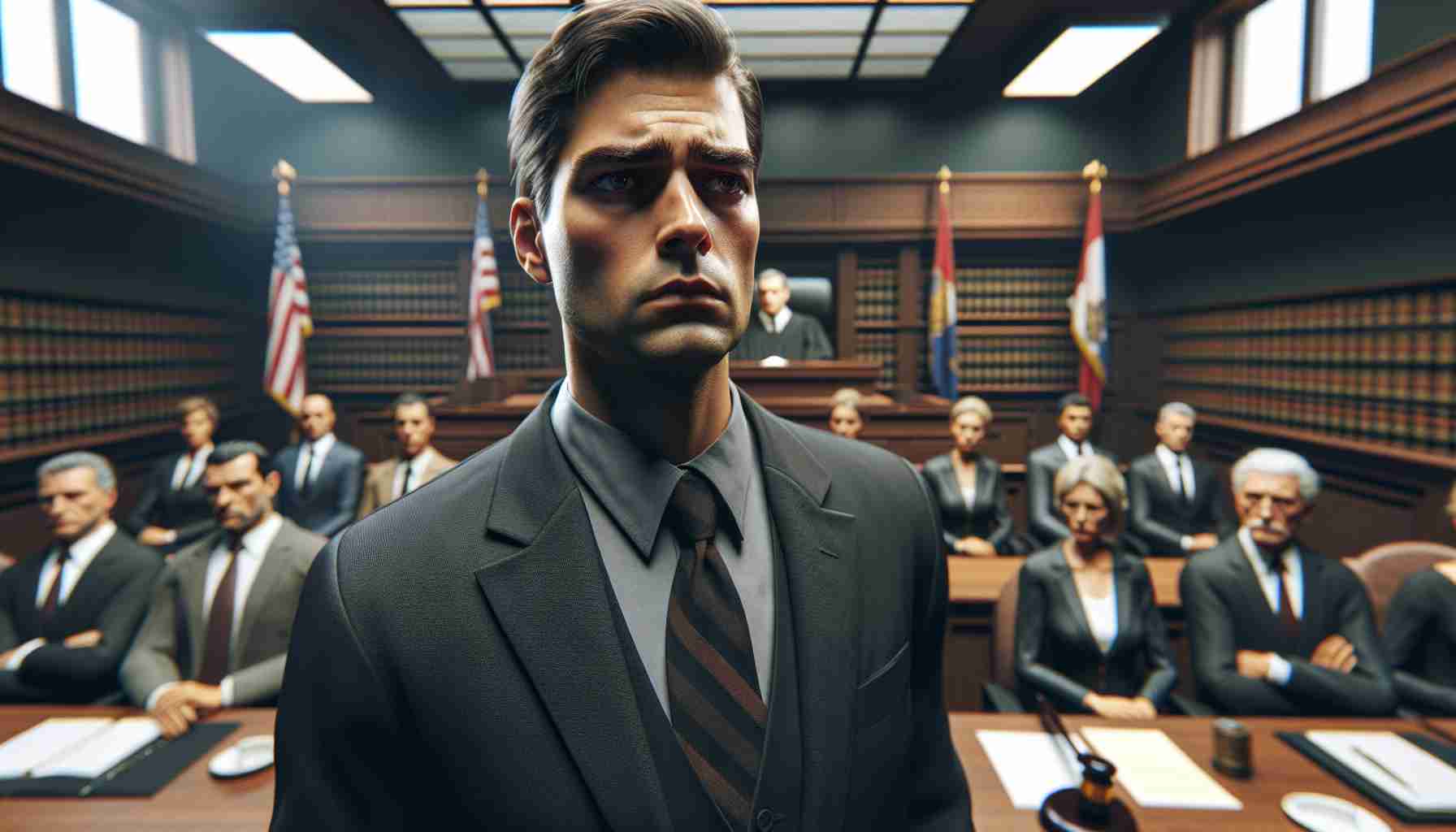 A highly detailed image of a solemn courtroom scene. In the scene, an adult Caucasian male dressed in a standard dark-colored suit, and tie, looks dismayed. The scene should convey the verdict of guilt in a serious high-tech crime case involving cryptocurrency theft and kidnapping. Make sure to include iconic courtroom elements such as the flag, judge's gavel, lawyers, and other individuals displaying various reactions to the judgment.