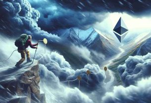 Create a high-definition, realistic image symbolizing the Ethereum cryptocurrency battling downward pressure. The scene to be depicted could be represented by a visual metaphor: a mountain climber, meant to symbolize Ethereum, struggling against the high winds and adverse weather conditions representing the downward financial pressure. Meanwhile, thick clouds are forming around specific points on the mountain path, denoting looming key support levels.