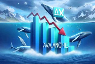 Illustrative image of a falling bar graph accompanied by a logo that signifies Avalanche's AVAX value, set against a backdrop of an ocean scene depicting whales displaying unusual activity. The image is in high-definition and should have a realistic look.