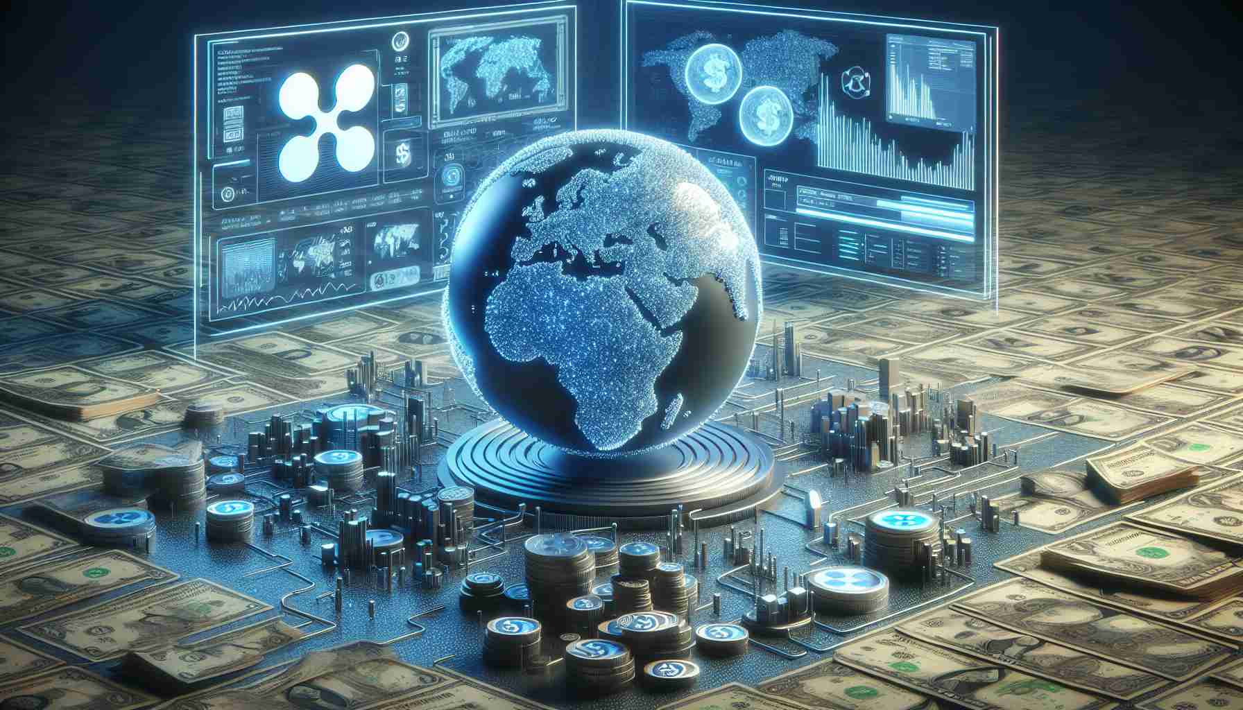 A high-definition, realistic portrayal showcasing the conceptual future of banking operations facilitated by the use of Ripple's XRP. This could include digital visual representations of transactions, money flow globally, and the integration of the blockchain technology in financial services. The whole scene should give a glimpse into an advanced, secure and efficient banking future.