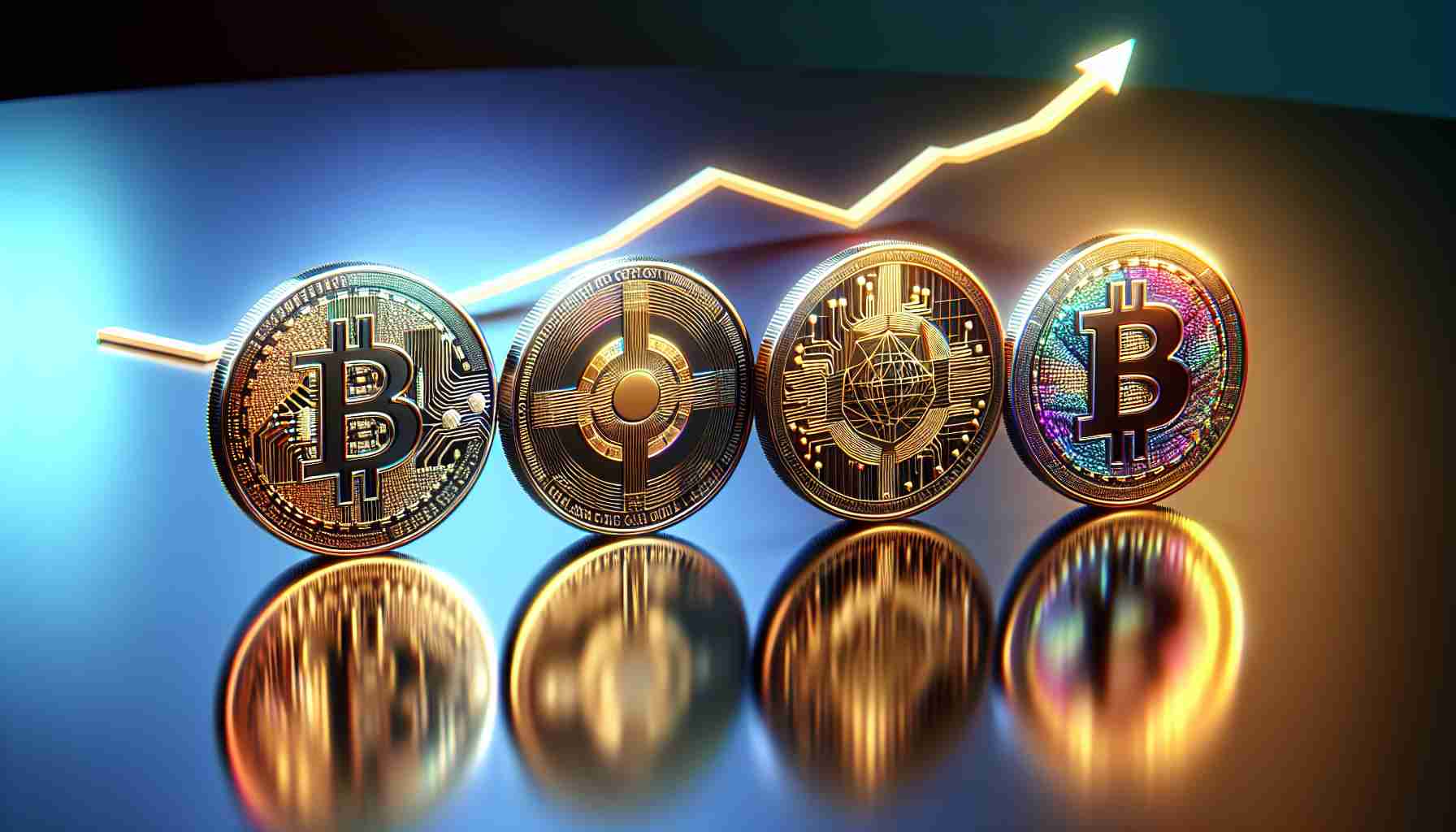 Generate a realistic HD image showcasing three symbolic coins, each representing different hypothetical cryptocurrencies predicted for growth in 2024. The coins should display unique, intricate designs, and be placed on a glossy table reflecting their image. The background should display a rising chart to symbolize their potential growth, each coin's respective growth trajectory should be marked in different vibrant colors.