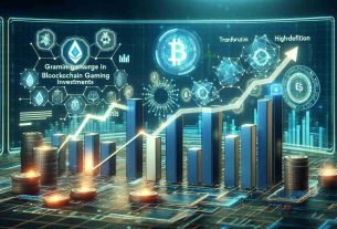 A visualization of the surge in blockchain gaming investments indicating a transformative change in the industry. Features bar graphs and line charts prominently displaying a rise in investment funds within a futuristic high-definition setting. Incorporate blockchain symbols and gaming icons to convey the industry fusion. The charts should be detailed and in high resolution.