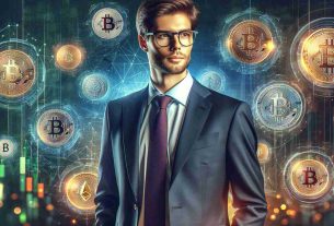 Realistic HD photo of a professional CEO, with brown hair, glasses, and a formal suit, standing confidently with a vibrant digital background showcasing various cryptocurrencies symbols to symbolize his optimism for the future of crypto adoption