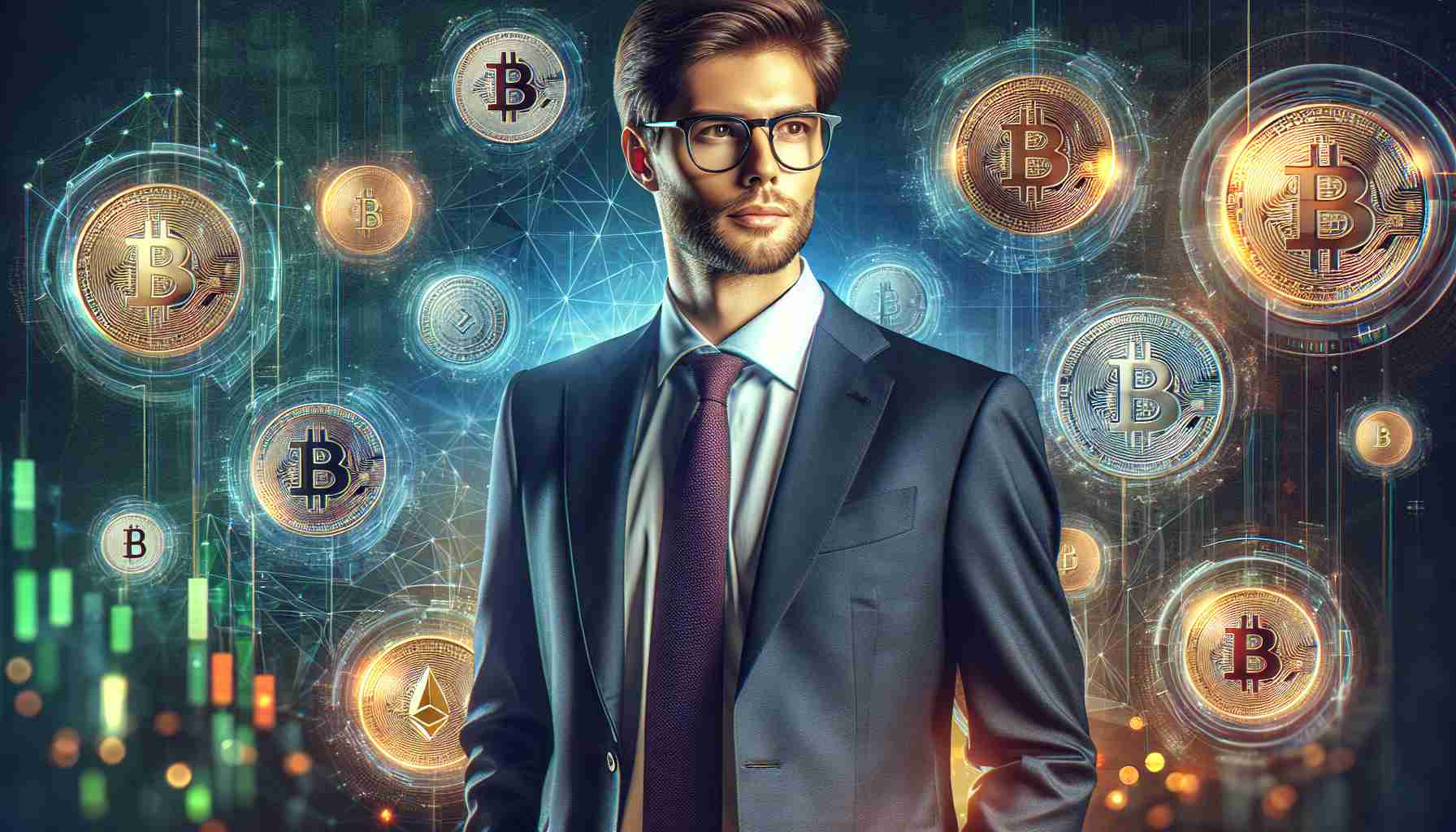 Realistic HD photo of a professional CEO, with brown hair, glasses, and a formal suit, standing confidently with a vibrant digital background showcasing various cryptocurrencies symbols to symbolize his optimism for the future of crypto adoption