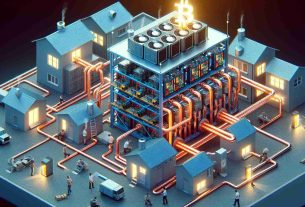 Generate a hyper-realistic, high-definition photo representing the concept of an innovative heat recycling system. This system is utilized in a Finnish residential setting and is powered by Bitcoin mining. Depict complex machinery made up of computers and heat conductors, representing the Bitcoin miners, with heating pipes interlinked directing warmth to the homes. Display a diverse range of people, including a Caucasian woman, a Black man, and a Middle-Eastern young man, actively maintaining the system, suggesting collaboration and shared responsibility for resource management.