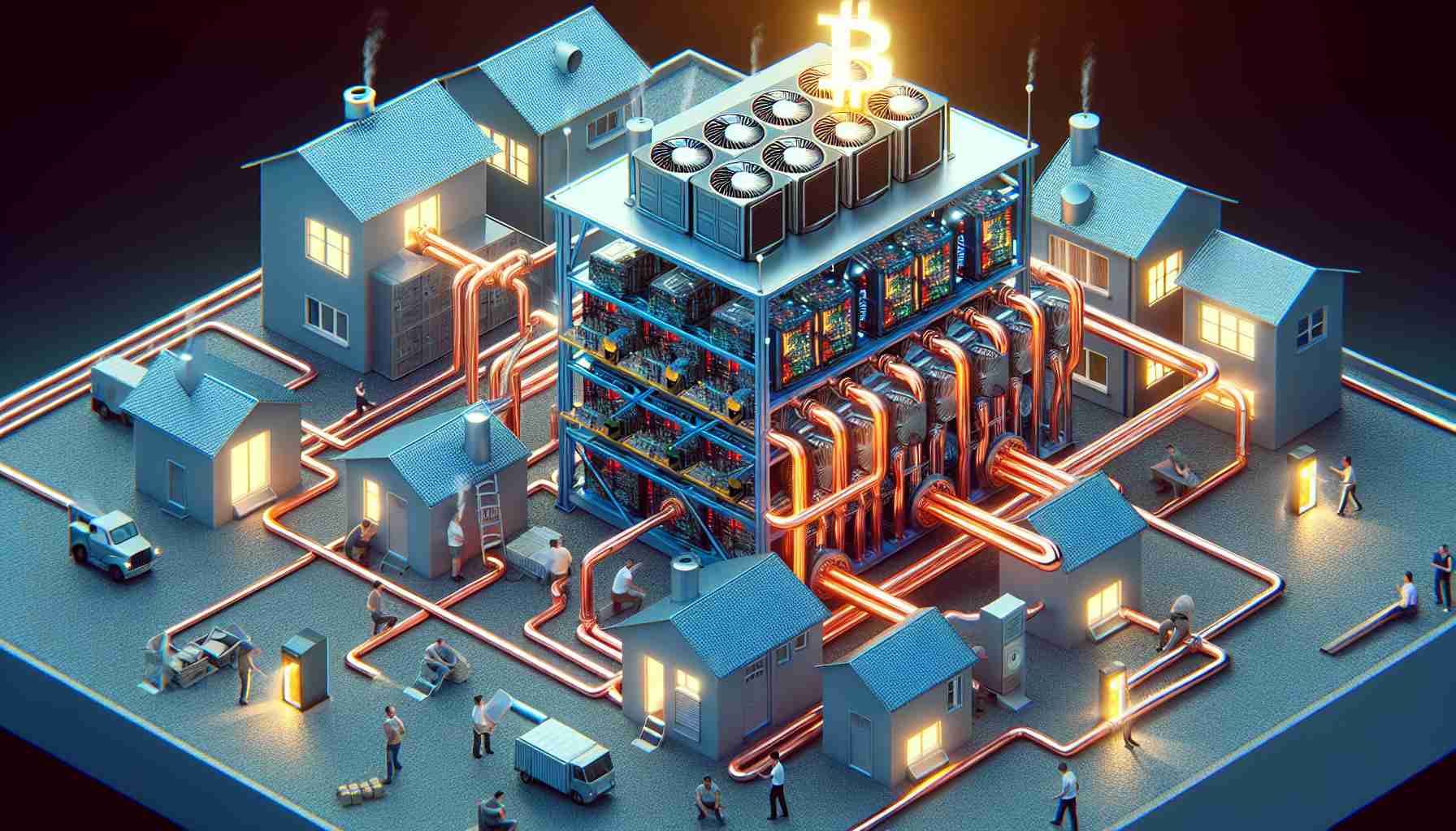 Generate a hyper-realistic, high-definition photo representing the concept of an innovative heat recycling system. This system is utilized in a Finnish residential setting and is powered by Bitcoin mining. Depict complex machinery made up of computers and heat conductors, representing the Bitcoin miners, with heating pipes interlinked directing warmth to the homes. Display a diverse range of people, including a Caucasian woman, a Black man, and a Middle-Eastern young man, actively maintaining the system, suggesting collaboration and shared responsibility for resource management.