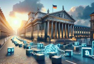 Realistic HD image of a large renowned German bank participating in a groundbreaking blockchain initiative. This project, referred to as 'Project Guardian', signifies a major confluence of finance and technology. The image may include elements of traditional banking embodied in grand architecture of a bank building, alongside contemporary symbols of blockchain technology, such as interconnected blocks or chains. The composition should hint at a pioneering spirit, perhaps via a rising sun or trailblazing elements. Note that there are no humans present in this scene.