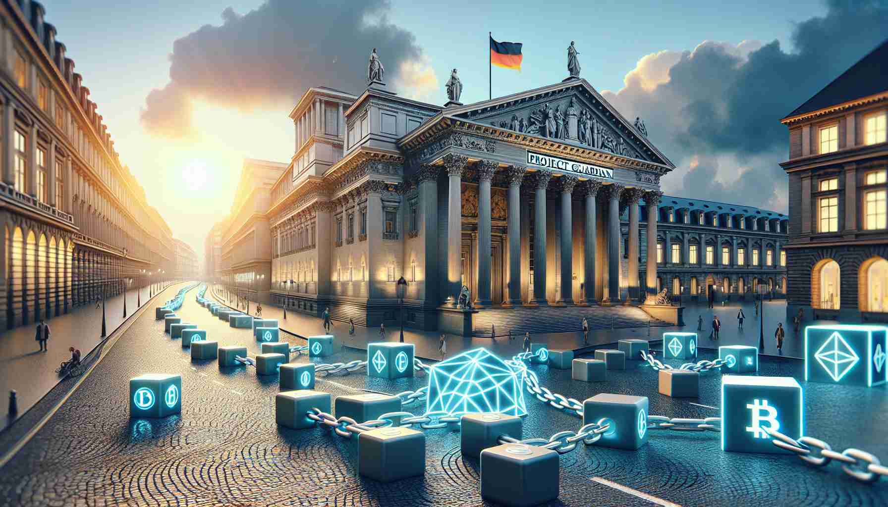 Realistic HD image of a large renowned German bank participating in a groundbreaking blockchain initiative. This project, referred to as 'Project Guardian', signifies a major confluence of finance and technology. The image may include elements of traditional banking embodied in grand architecture of a bank building, alongside contemporary symbols of blockchain technology, such as interconnected blocks or chains. The composition should hint at a pioneering spirit, perhaps via a rising sun or trailblazing elements. Note that there are no humans present in this scene.