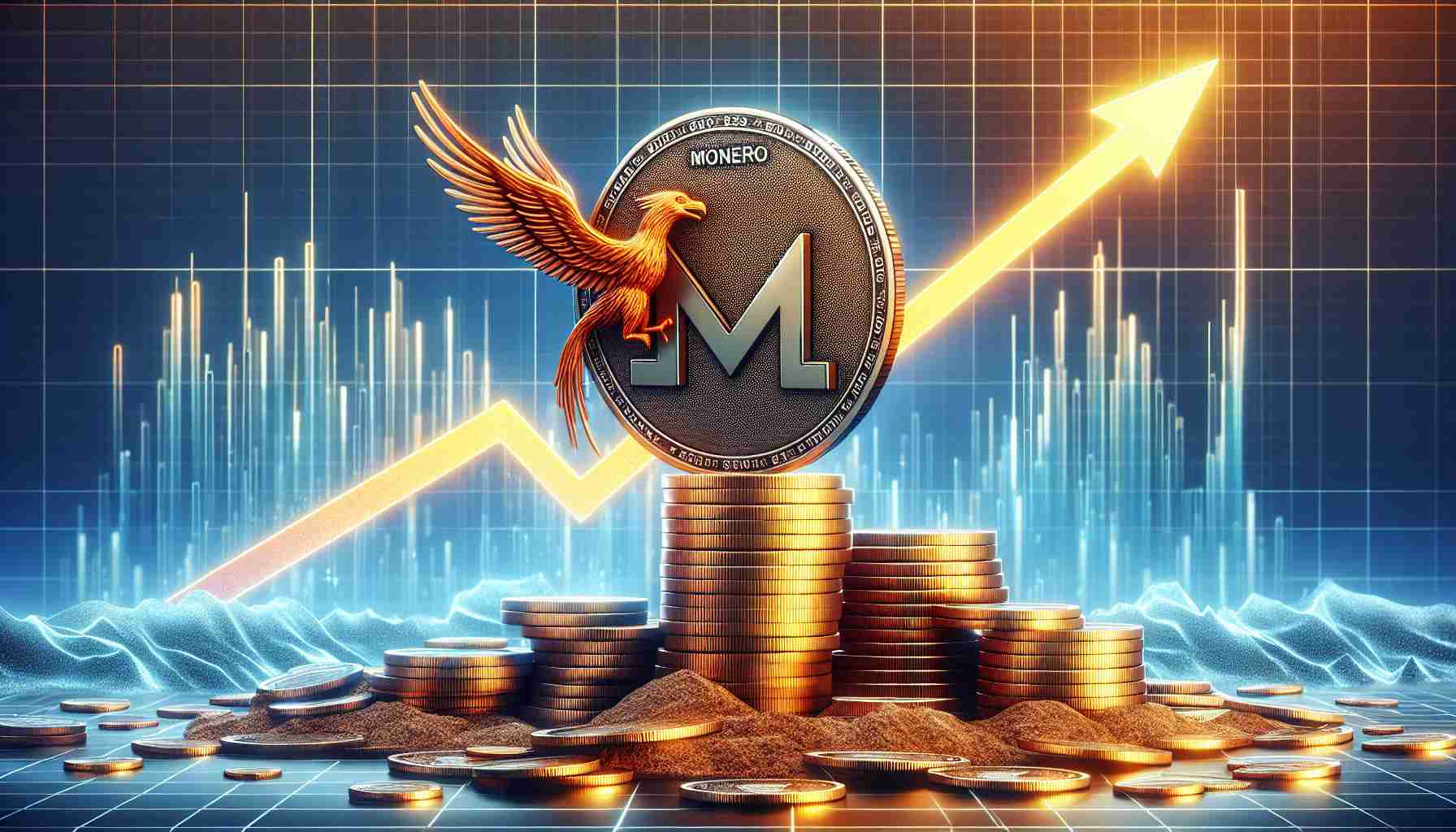 A detailed realistic high-definition landscape representing the concept of 'Monero Makes a Strong Comeback'. The image may include symbolic elements like a phoenix symbolizing rebirth or climb, a cryptocurrency coin etched with the Monero logo rising from a pile of other coins, and a chart in the background indicating an upward trend.