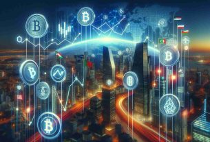 Create a realistic high-definition image that illustrates the concept of digital currency markets. The image should depict a future heavily influenced by regulatory landmarks. The scene should include elements such as digital currency icons, rising and falling graphs, different international flags representing various countries' regulations, a futuristic city skyline, and possibly an abstract representation of blockchain technology. Make sure to convey the push and pull between innovation and regulation.