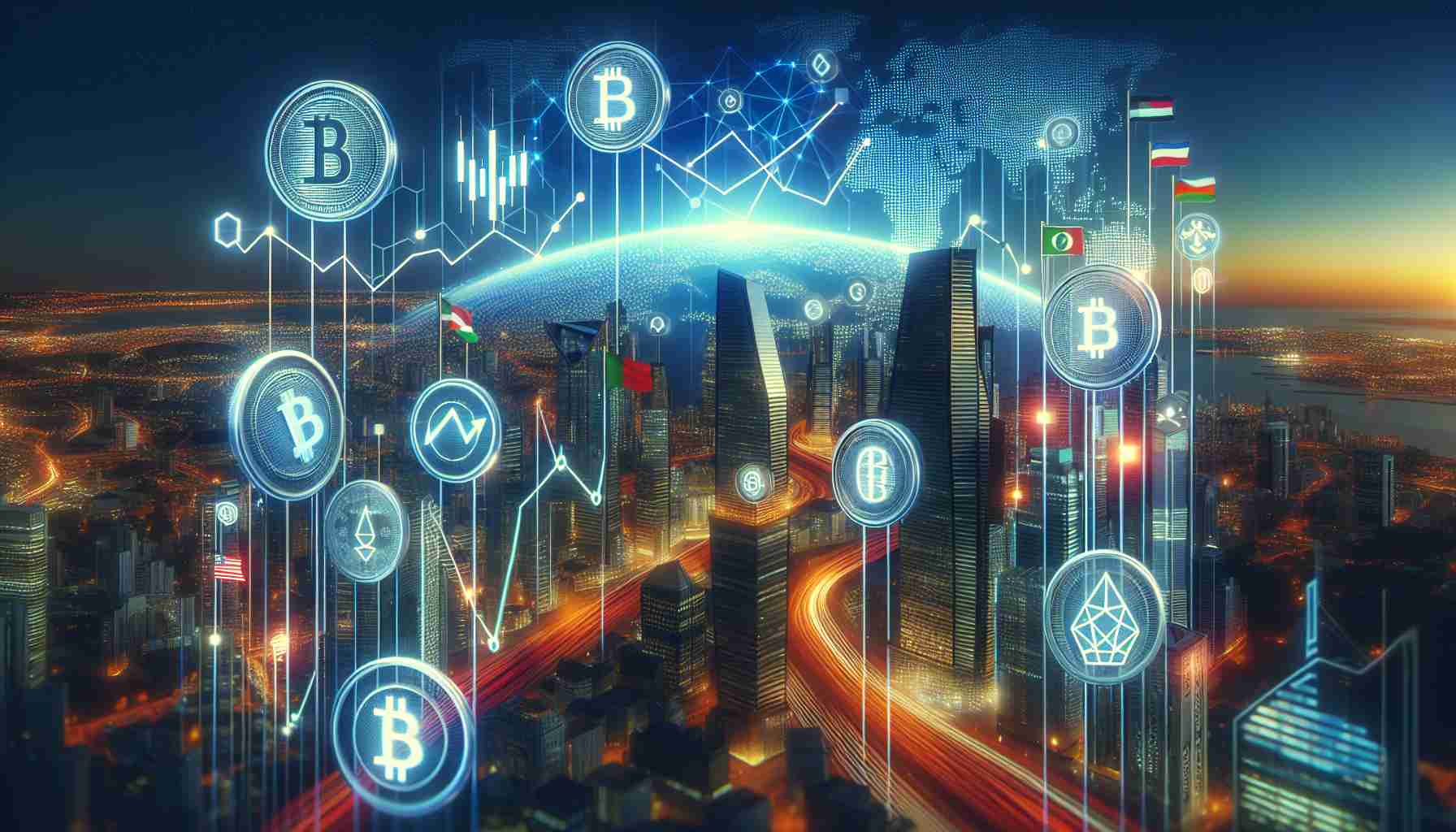 Create a realistic high-definition image that illustrates the concept of digital currency markets. The image should depict a future heavily influenced by regulatory landmarks. The scene should include elements such as digital currency icons, rising and falling graphs, different international flags representing various countries' regulations, a futuristic city skyline, and possibly an abstract representation of blockchain technology. Make sure to convey the push and pull between innovation and regulation.