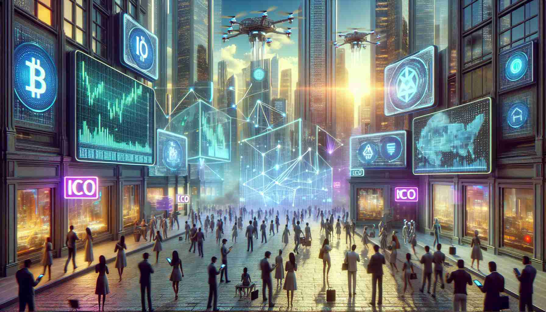 An advanced, hyper-realistic depiction capturing the convergence of cryptocurrency and artificial intelligence in the future economy. Imagine a scene filled with futuristic cityscapes, dotted with towering holographic screens displaying fluctuating digital currency graphs, neon ICO (Initial Coin Offering) signs, and AI controlled finance. High-tech drones fly above, performing automated tasks, while diverse individuals of various descents and genders walk on the streets, immersed in their handheld devices, making transactions, investing, and managing their digital portfolio. They stand against the backdrop of a digital realm converging with the tangible infrastructure.