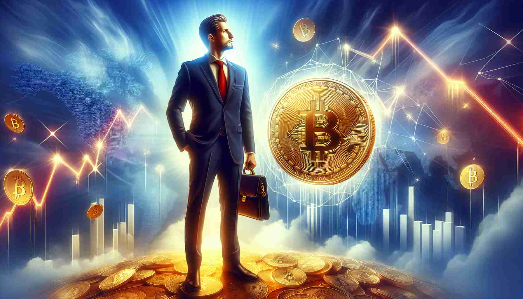 A vivid, realistic and high-definition image of a businessman standing amidst symbolic representations of market uncertainties, holding in one hand a shining coin marked with the emblem of Bitcoin. The businessman looks contemplative, reconsidering his stance towards the volatile cryptocurrency.