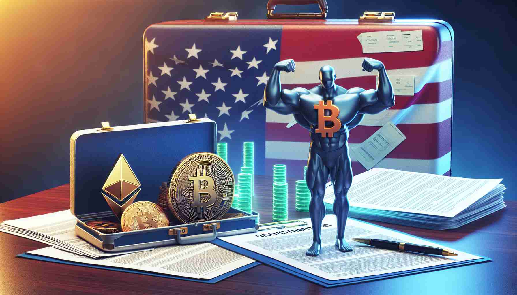 A high-definition, realistic image portraying the concept of cryptocurrency industry's influence in politics. The scene depicts a symbolic representation of digital currency, such as Bitcoin, Ethereum symbols in a strong, flexing pose. Placed next to them, documents indicating Super PAC investments, perhaps paperwork or a briefcase overflowing with investment plans or proposals.