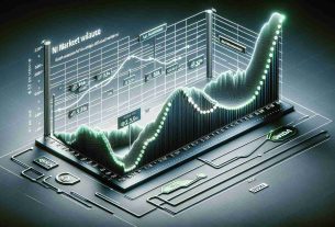 An infographic illustrating the volatility of Nvidia's market value in relation to the fast-paced demand for Artificial Intelligence technology. The image shows a line graph with fluctuating heights and dips signifying Nvidia's changing market value over time. Labels or markers along the graph display significant events tied to AI demand. The graph resides on a sleek, modern background with potential decorative elements related to technology and finance.