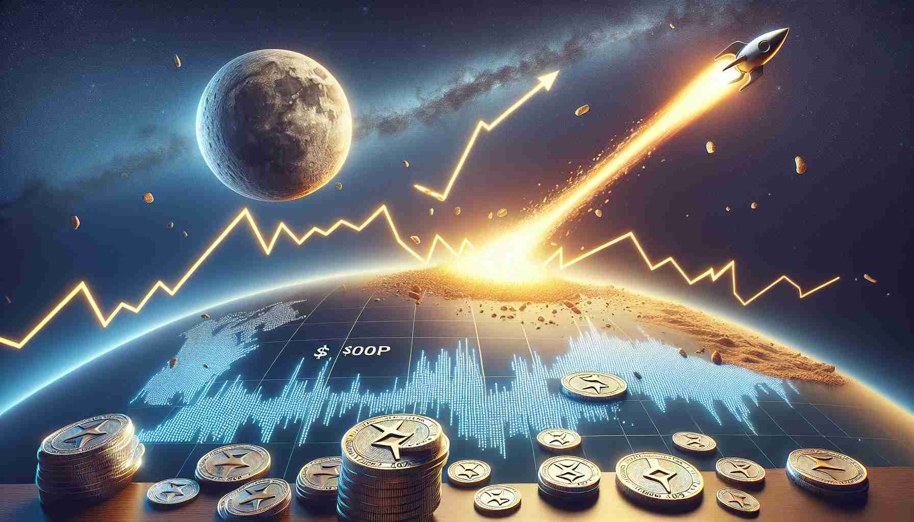 Create a high-definition, realistic image depicting the concept of a meteoric rise in the value of a cryptocurrency, specifically symbolized as XRP. The image should include elements such as up-trending graphs, coins marked with the XRP symbol, and possibly a meteor shooting upwards, all as a representation of a projected value increase to $500.