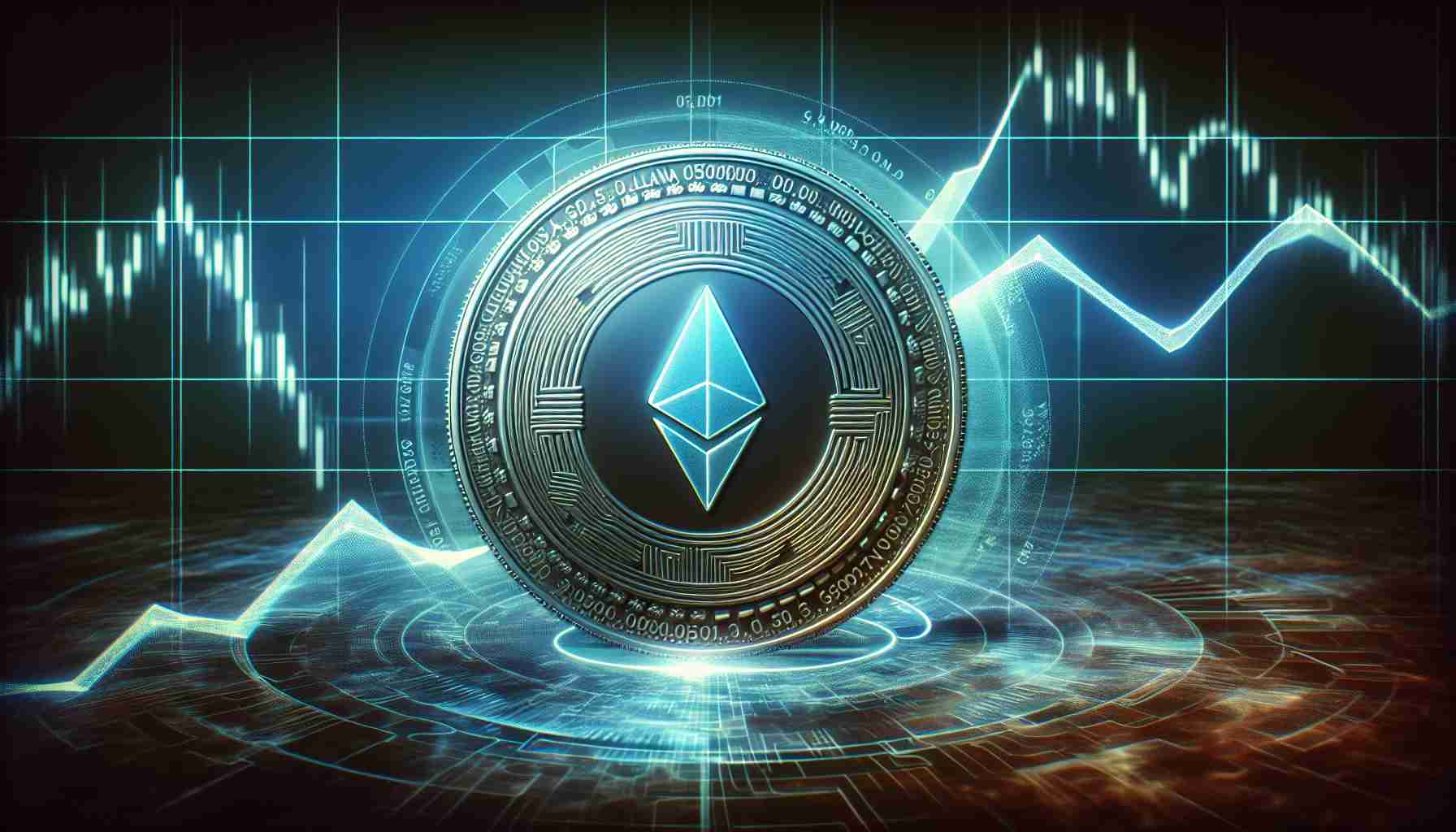 A realistic high-definition depiction of the conceptual representation of Solana's price dips amid shifts in the cryptocurrency market. The image features a virtual coin with the Solana logo at the forefront, with a fluctuating line chart in the background indicating the price dips. The surrounding environment suggests a sense of change and shift, perhaps through abstract forms or changing shades of color.