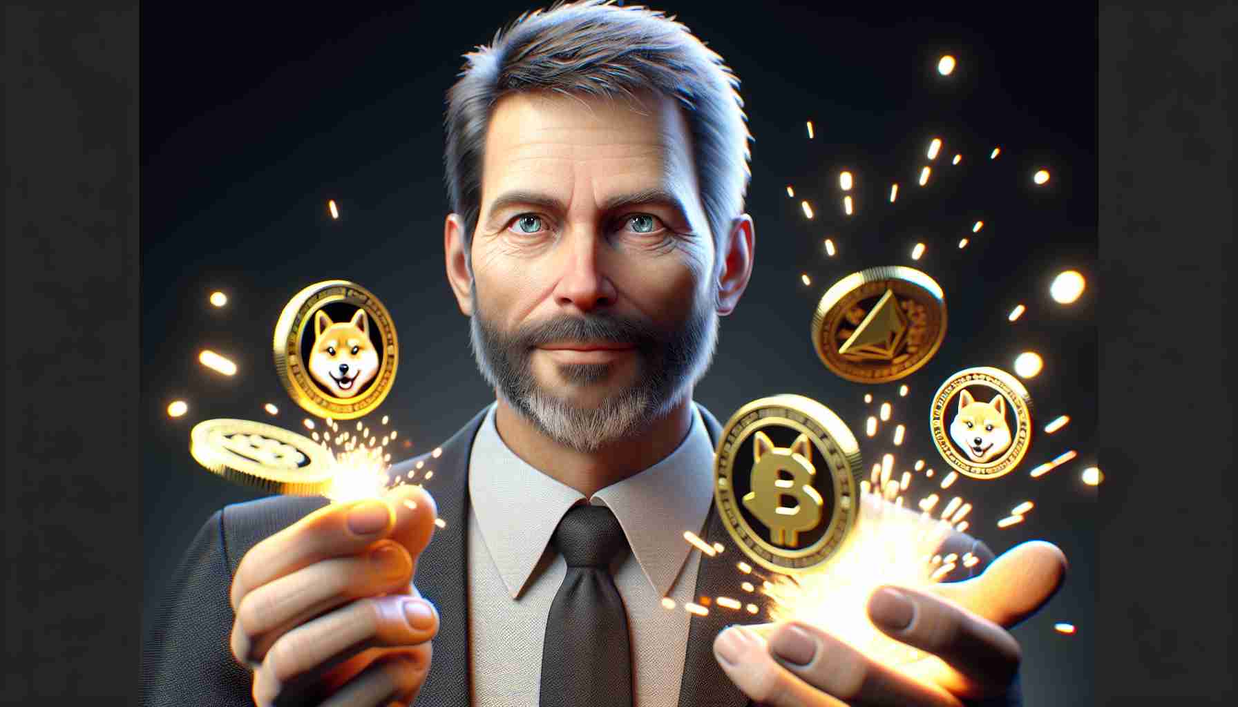 HD, realistic image of a non-descriptive businessman's supposed influence over a popular digital currency, which is sparking conversation. The businessman is middle-aged, with Caucasian descent, a slightly receding hairline, blue eyes, and a short beard. He holds golden tokens representing the digital currency, which has the symbol of a famous Shiba Inu meme. Sparks fly from the tokens, symbolizing the ongoing debate.