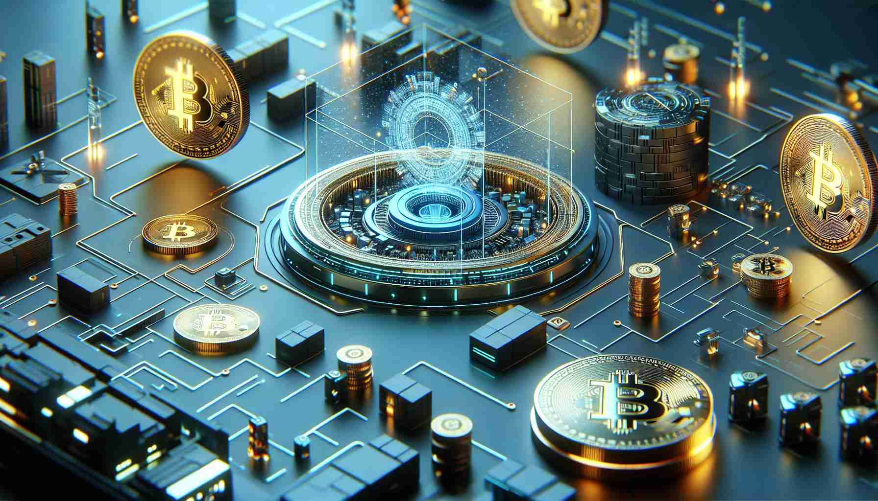 Render a high-definition realistic image of a futuristic concept involving cryptocurrency, with emphasis on a recent acquisition of a significant patent by a fictitious company named 'Tectum'. The scene should include symbolic elements of blockchain technology, digital security, and innovation, encapsulating the potential and future of crypto.