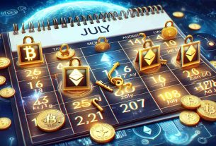 A high-definition, digital, and realistically illustrated calendar showing the month of July with several days marked clearly. On the marked days, golden key symbols or icons should be prominently displayed, representing significant token unlocks. Additionally, symbols associated with cryptocurrency such as Bitcoin's 'B' logo, Ethereum's diamond-shaped logo, and others should subtly decorate the background. Emphasize the sense of excitement and potential volatility within the Crypto Sphere during these significant unlock events.