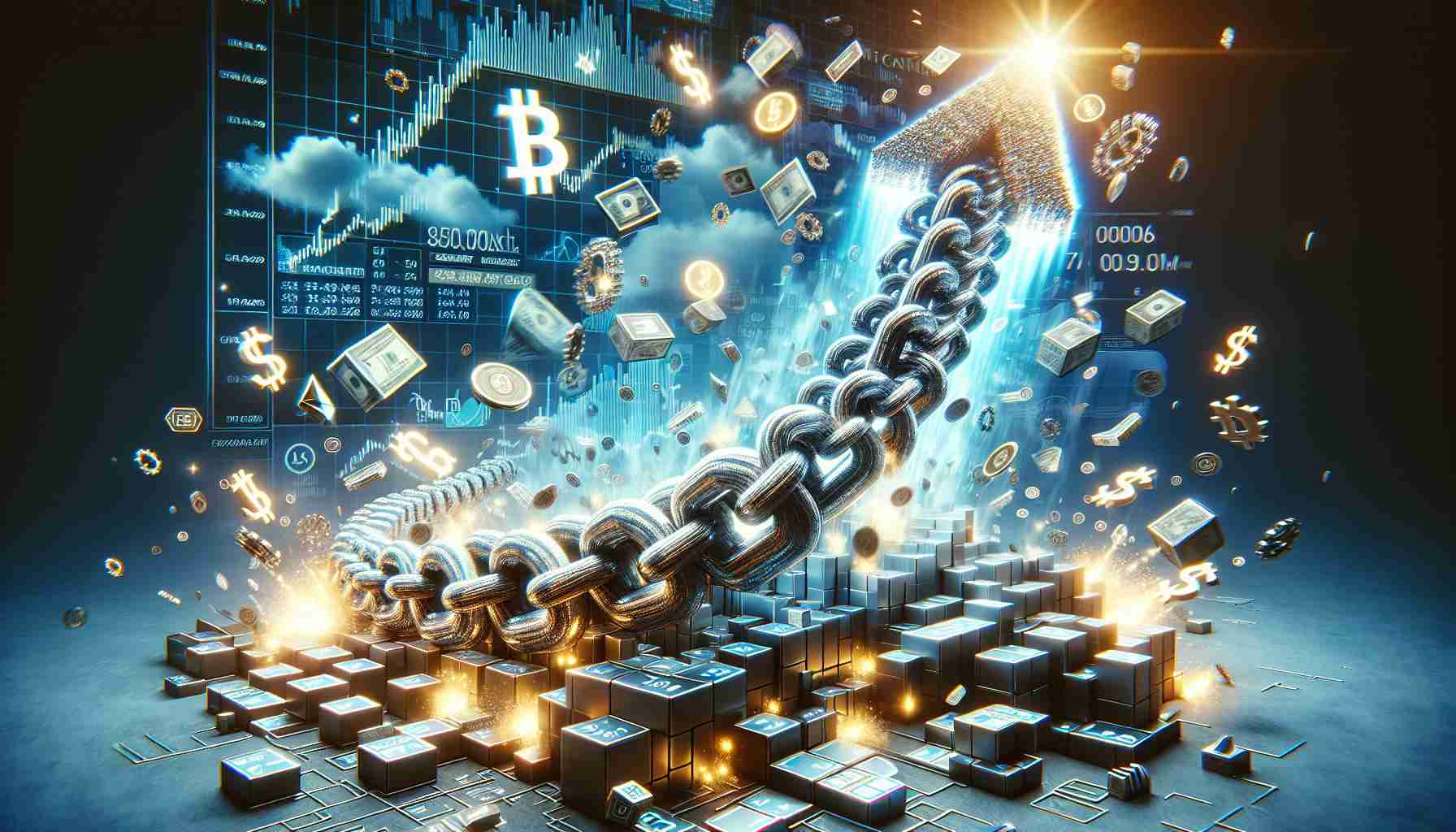 Produce a hyperrealistic, HD image illustrating the metaphorical concept of explosive growth in the context of blockchain technology being applied to the financial sector. The scene could feature a large, shiny, beautiful chain made of blocks, each representing a different financial institution or transaction, growing out of a stylized wall street or generic financial district. The chain would be twisting and turning dramatically, upward and outward, indicating rapid growth. Include symbols of finance such as stock market graphs, numbers, currencies, and pictograms of banks to suggest the financial context. The overall vibe should communicate a sense of excitement, dynamism, and forward momentum.