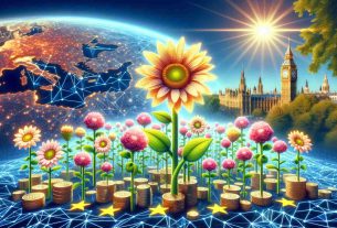 A high-resolution, realistic image depicting the conceptual notion of European cryptocurrency markets blossoming. The scene is symbolized by a vibrant garden of large, blooming flowers perhaps made of tiny binary digits or coins. The backdrop includes various iconic European landmarks under a sunny sky to represent Europe. Intricate network lines can suggest connectivity across the continent with some being brighter to simulate shifts in regulations globally.