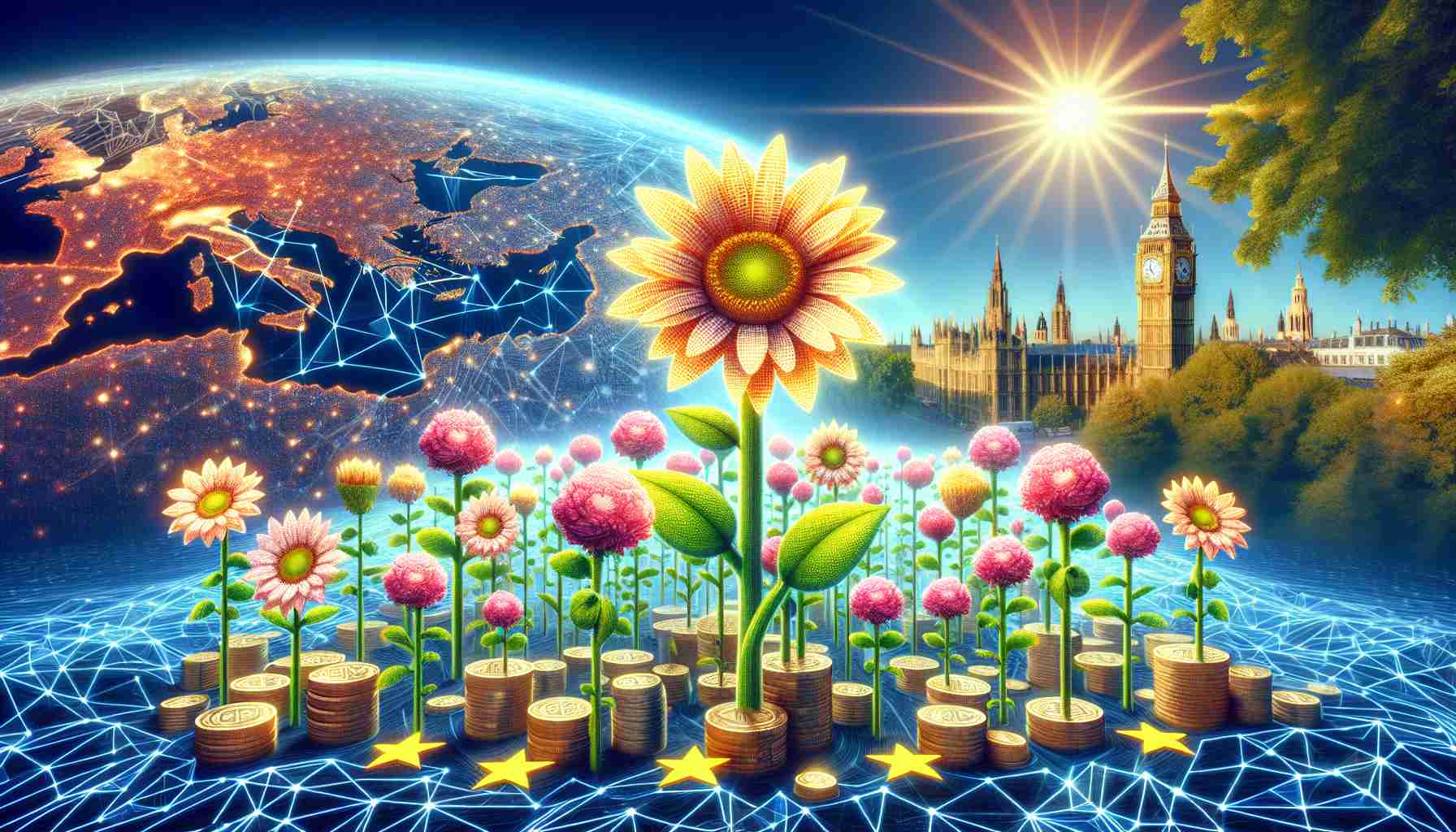 A high-resolution, realistic image depicting the conceptual notion of European cryptocurrency markets blossoming. The scene is symbolized by a vibrant garden of large, blooming flowers perhaps made of tiny binary digits or coins. The backdrop includes various iconic European landmarks under a sunny sky to represent Europe. Intricate network lines can suggest connectivity across the continent with some being brighter to simulate shifts in regulations globally.