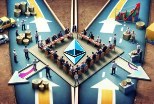 Create a high-definition, realistic image illustrating the concept of divided market expectations for an Ethereum Exchange-Traded Fund (ETF). Portray this through symbolic imagery such as a split road heading towards different financial landscapes or a group of investors huddled around a chart with diverging arrows. Ensure there's a prominent logo of Ethereum subtly incorporated into the scene.