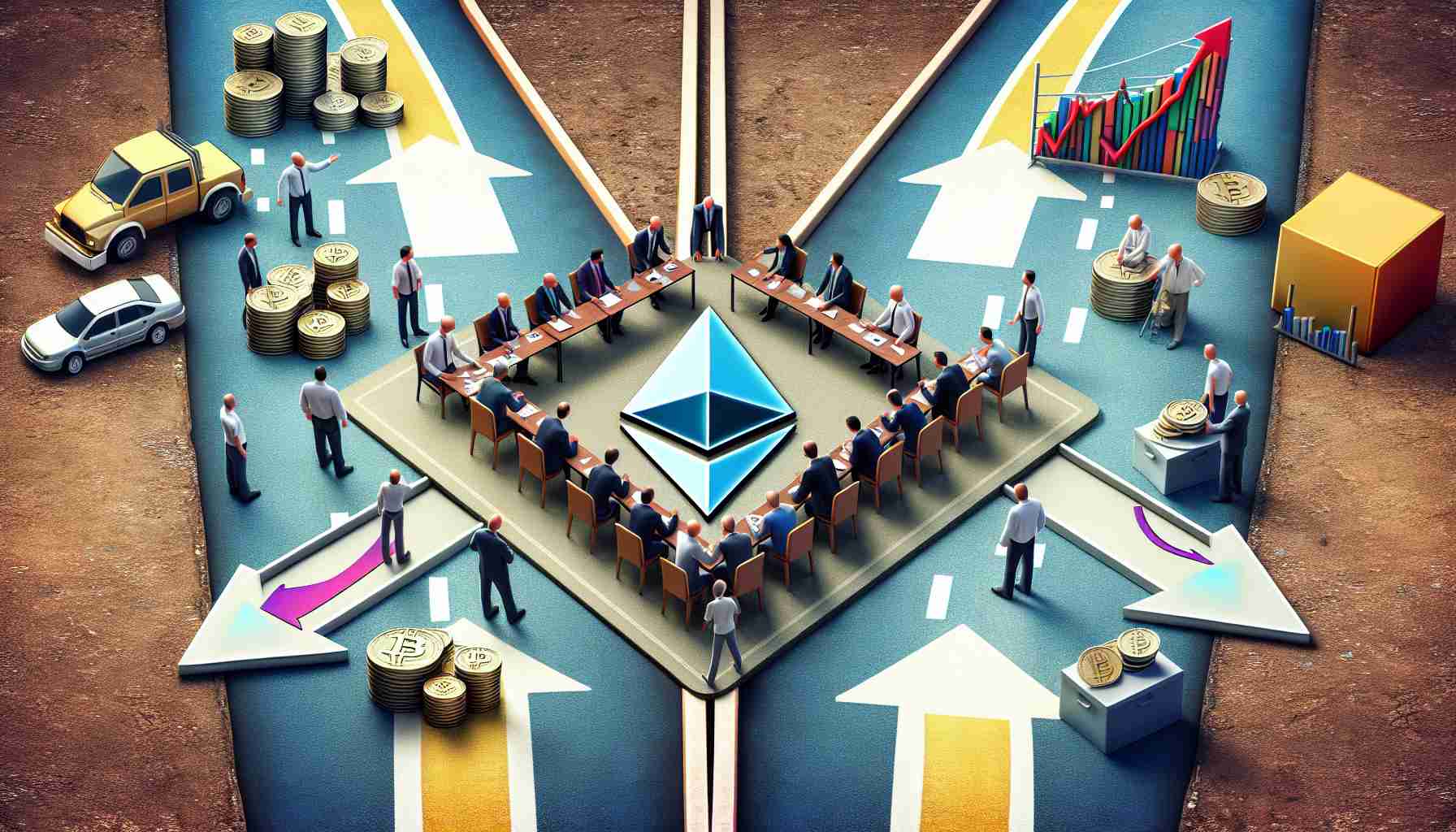 Create a high-definition, realistic image illustrating the concept of divided market expectations for an Ethereum Exchange-Traded Fund (ETF). Portray this through symbolic imagery such as a split road heading towards different financial landscapes or a group of investors huddled around a chart with diverging arrows. Ensure there's a prominent logo of Ethereum subtly incorporated into the scene.