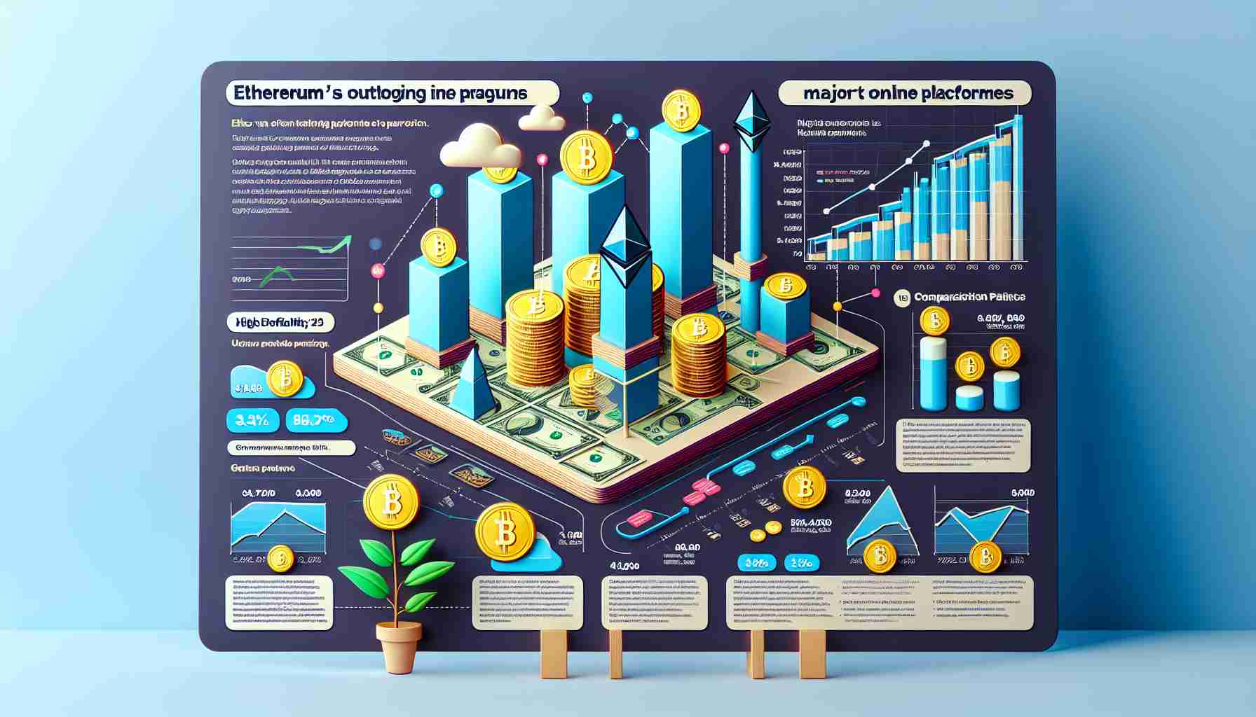 A high-definition infographics showing Ethereum's performance outdoing major online platforms in terms of revenue generation. The infographic includes bulleted points detailing Ethereum's key factors to success, a comparison chart which showcases the revenue of Ethereum against that of major online platforms in a bar graph format.