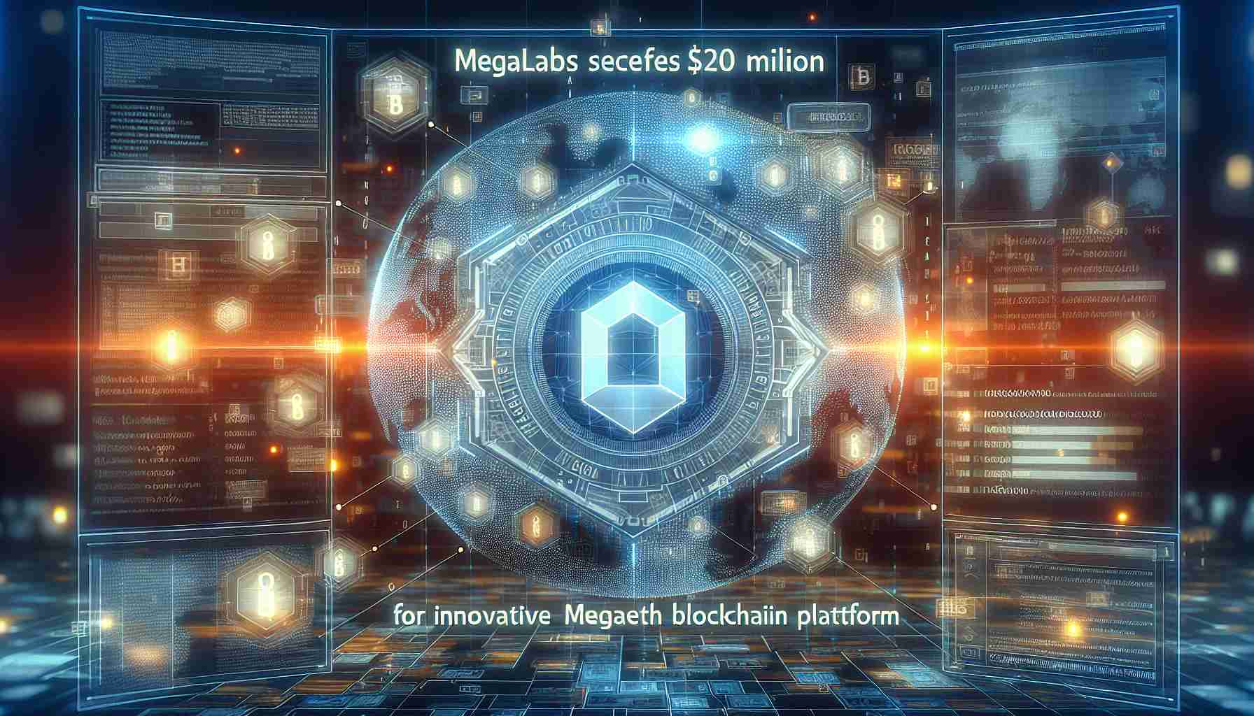 Generate a high-definition, realistic image of a headline reading: 'MegaLabs Secures $20 Million for Innovative MegaETH Blockchain Platform'. A graphical representation of blockchain networks to symbolize the mentioned platform, with elements such as hexadecimal codes and encrypted blocks, against a digital landscape in the backdrop. No real people or company logos should be included in the image.